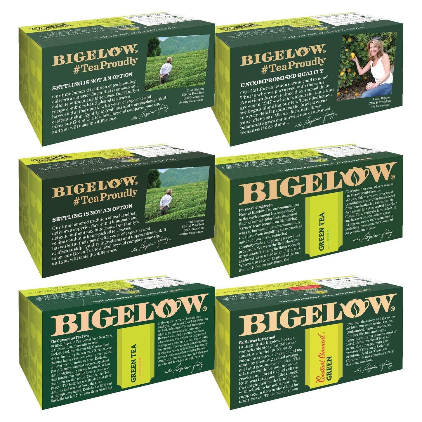 Bigelow Tea Green Tea Variety Pack, Classic Green Tea, Lemon, Pomegranate, Mint, Peach And Constant Comment Flavors, 20 Count Box (Pack Of 6), 120 Total Tea Bags