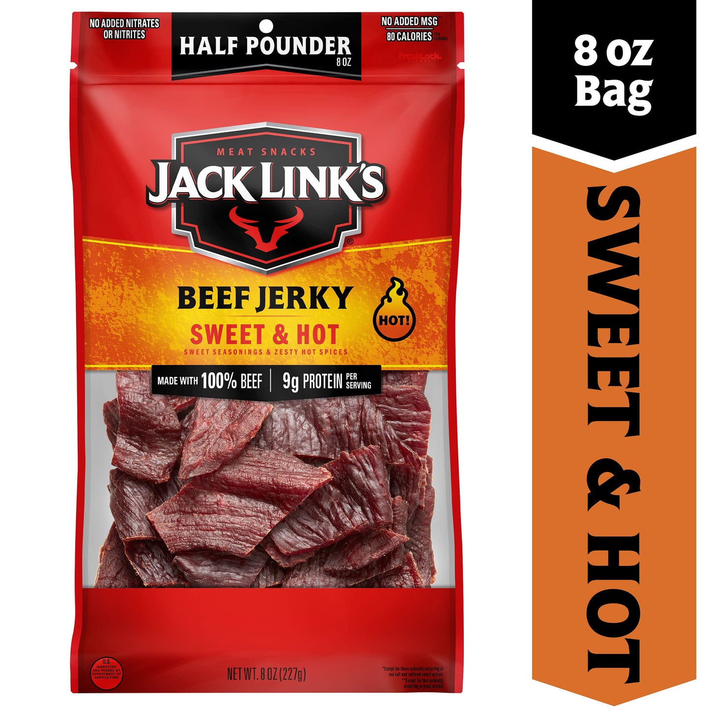 Jack Links Beef Jerky Sweet & Hot, 8 Ounce Bag, 9g Protein, 96% Fat Free, No Added MSG or Nitrates/Nitrites