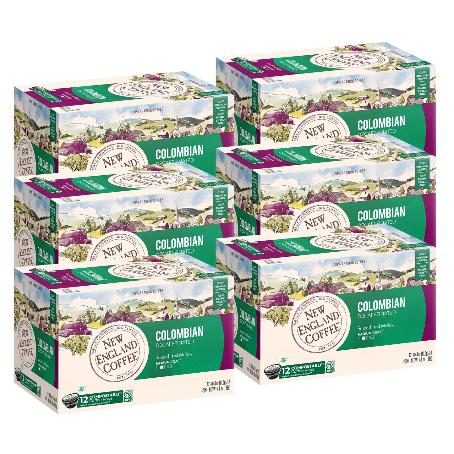 New England Coffee Colombian Decaffeinated Medium Roast Pods, 12 Count, Pack of 6