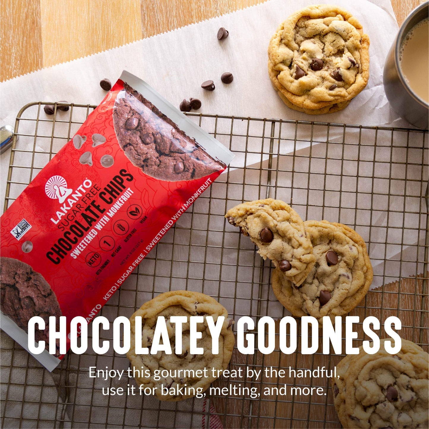 Lakanto Sugar Free Chocolate Chips - Monk Fruit Sweetener and Erythritol, Perfect for Baking, Pancakes, Muffins, Protein Bites,