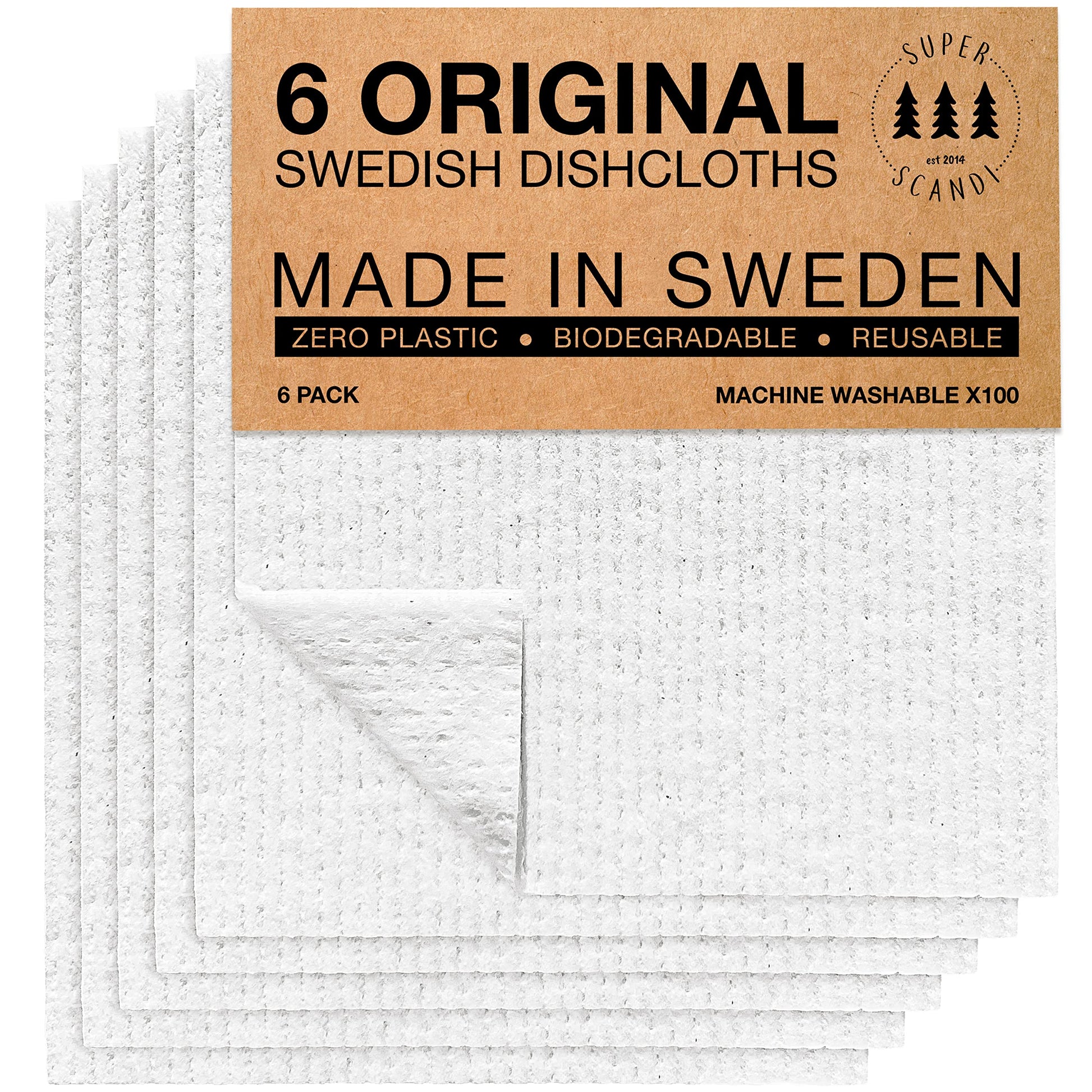 Superscandi 6 Pack White Swedish Dishcloths For Kitchen Reusable Compostable Towels Made In Sweden Cellulose Sponge Dish Cloths 