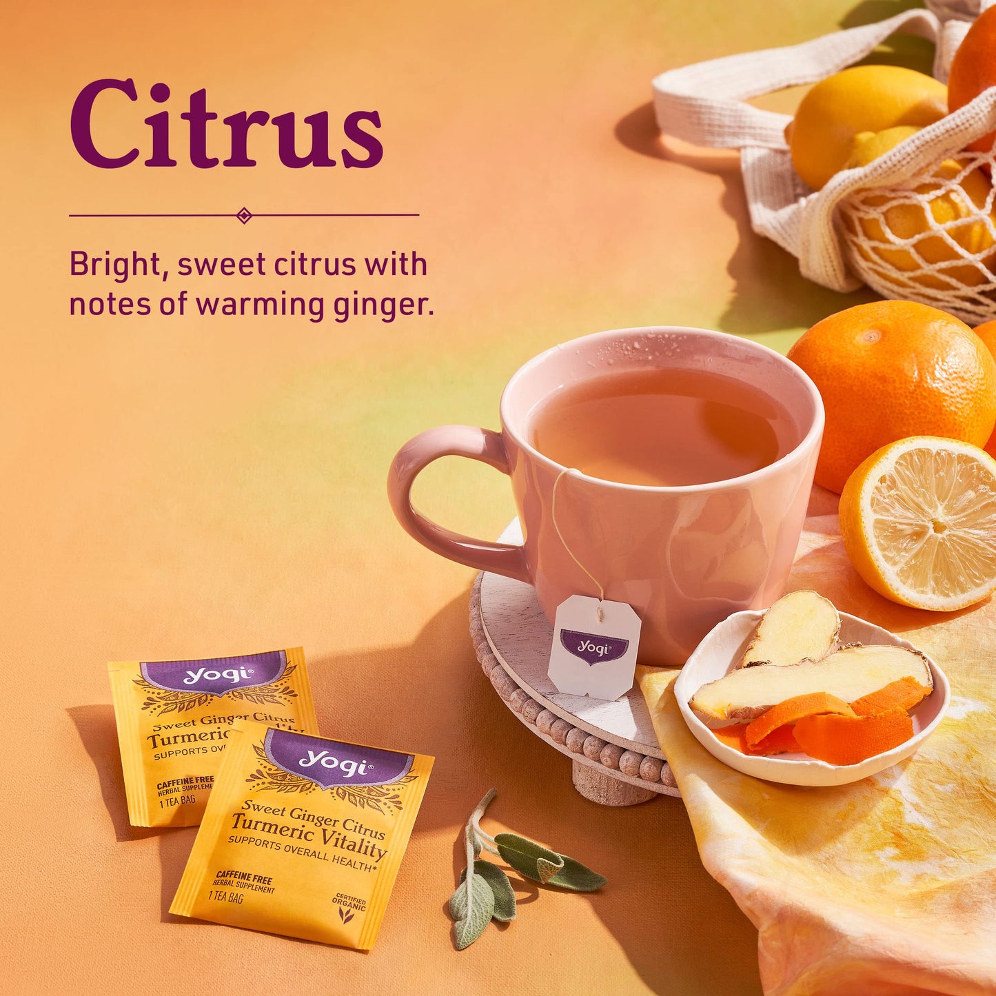 Yogi Tea Sweet Ginger Citrus Turmeric Vitality - 16 Bags per Pack (4 Packs) - Organic Ginger & Turmeric Root Tea - Supports Well