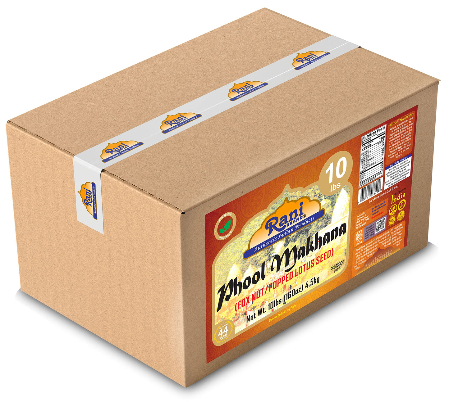 Rani Jumbo Phool Makhana Fox Nut, Plain Raw Uncooked, Vegan, 160oz (10lbs) Bulk Box, Non-GMO, Gluten Friendly, Indian Origin