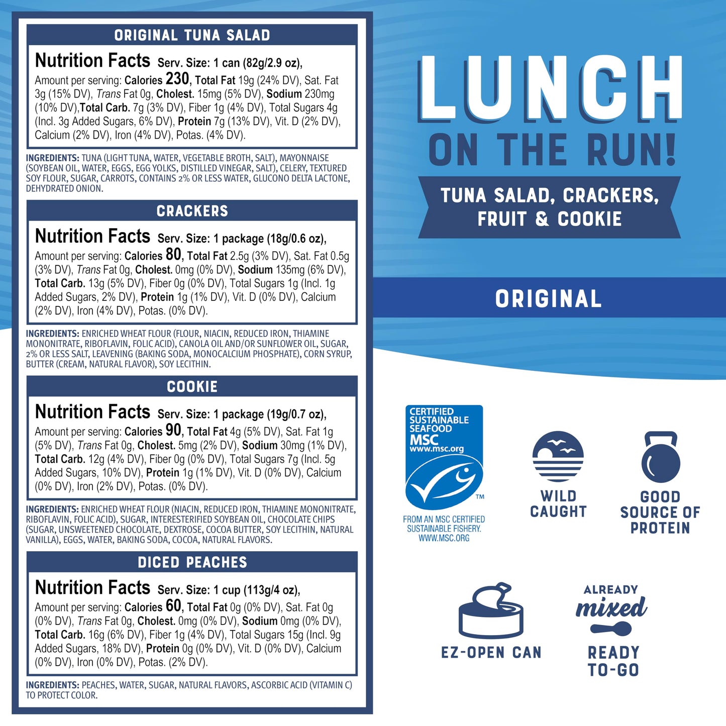 Bumble Bee Lunch On The Run Tuna Salad With Crackers Kit, 8.2 Oz - Ready To Eat, Includes Crackers, Cookie & Peaches - Wild Caug