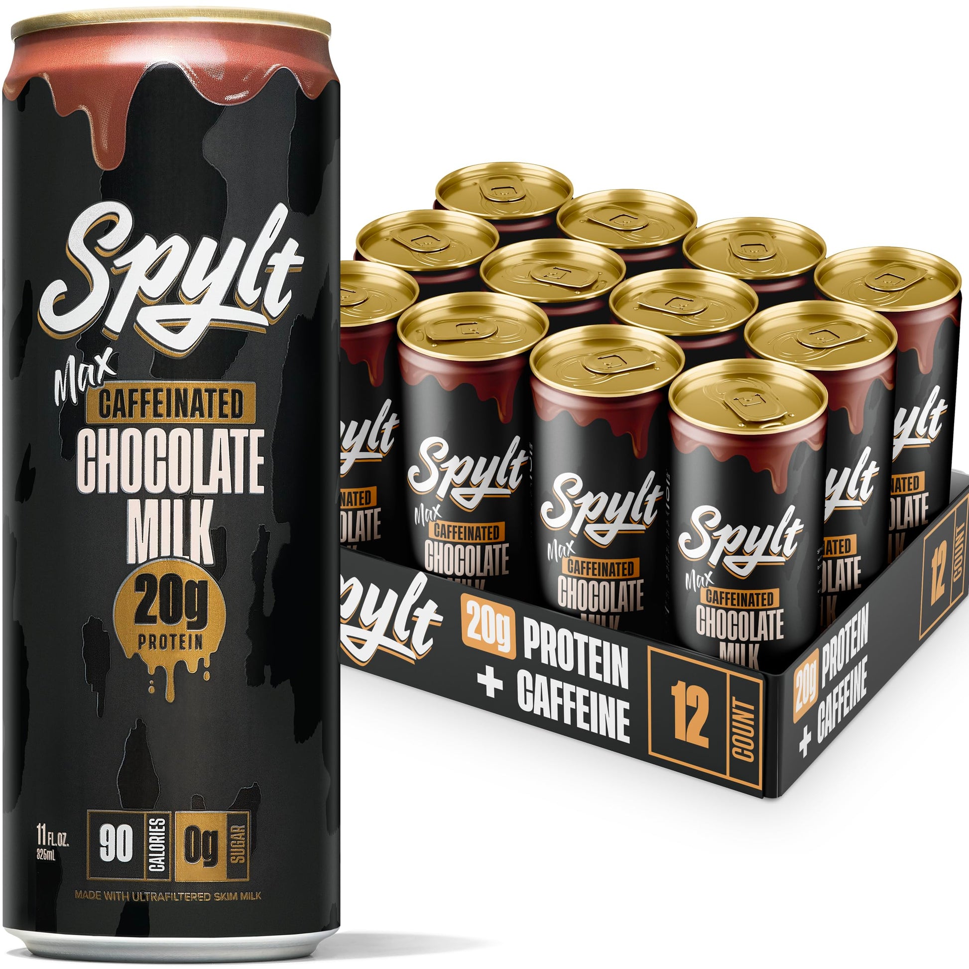 Spylt High Protein Max Chocolate Milk, 20g Protein, 140mg Caffeine, Sugar Free, Lactose Free, 132 Fl Oz, Ready to Drink, 12 Count