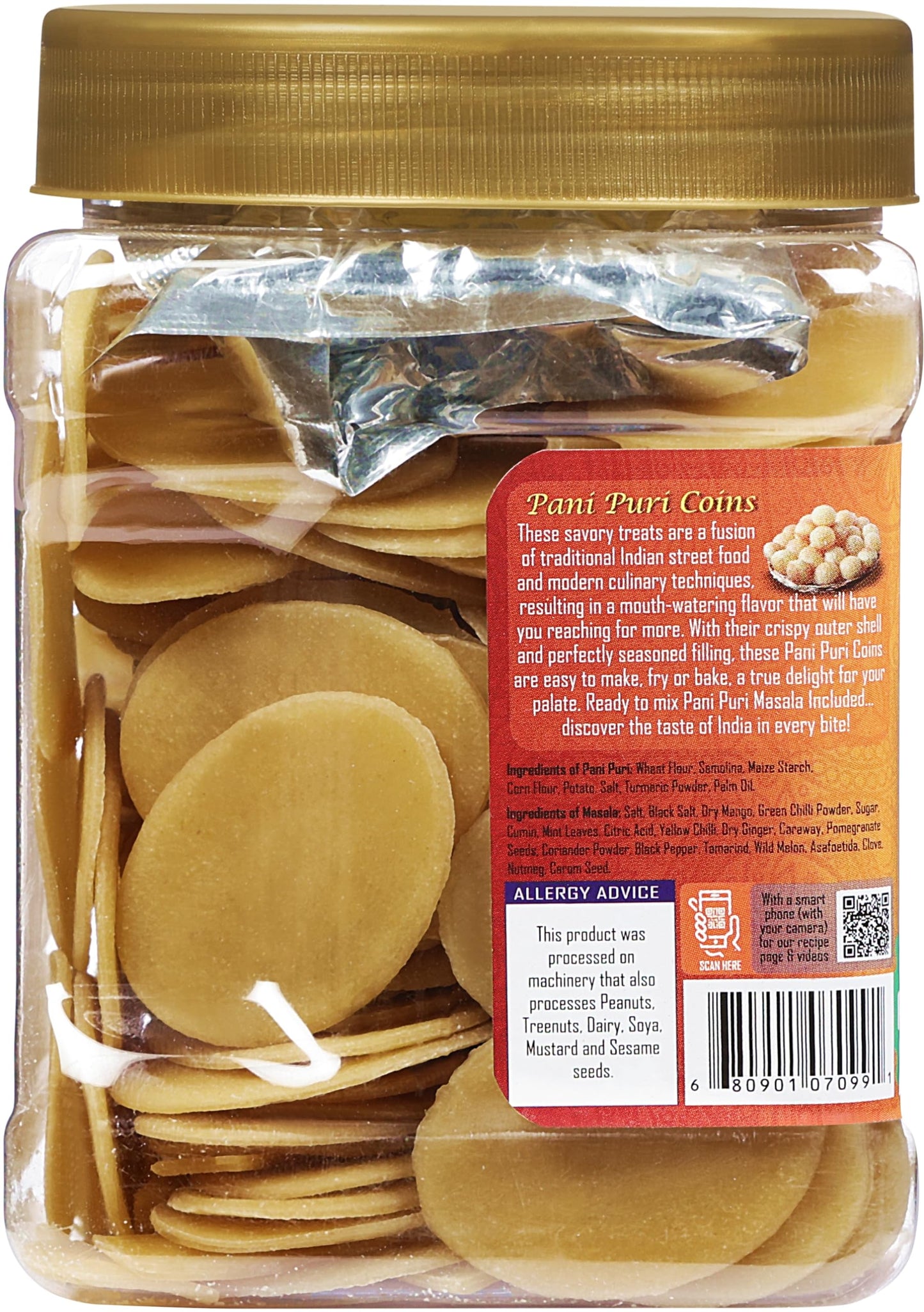 Rani Pani Puri Coins (Uncooked, Microwaveable Wheat Semolina Coins) 14oz (400g) w/Pani Puri Masala (14-Spice Blend for Indian Sp