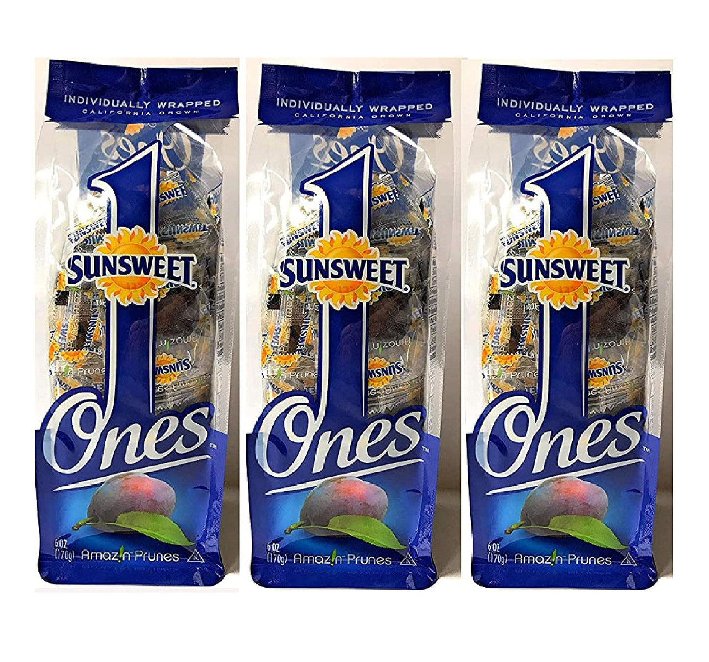 Sunsweet Ones Individually Wrapped Pitted Prunes Bundle - 3 Packages (each package is 6 ounces) and Prune Recipe E-Book (Downloadable)
