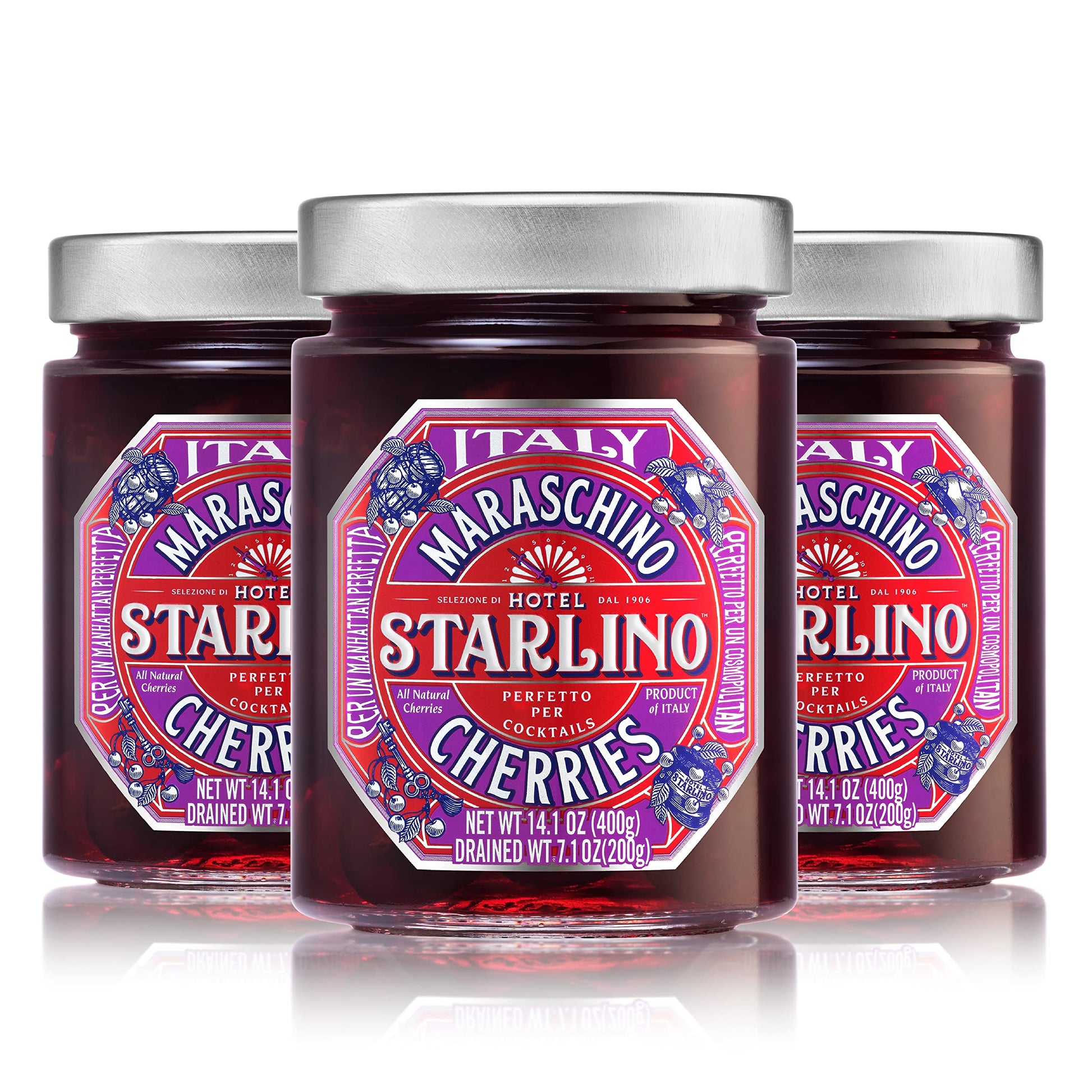 Hotel Starlino Maraschino Cherries - All-Natural Italian Cherries for Cocktails & Desserts - 14.1 oz Jar, Pack of 3