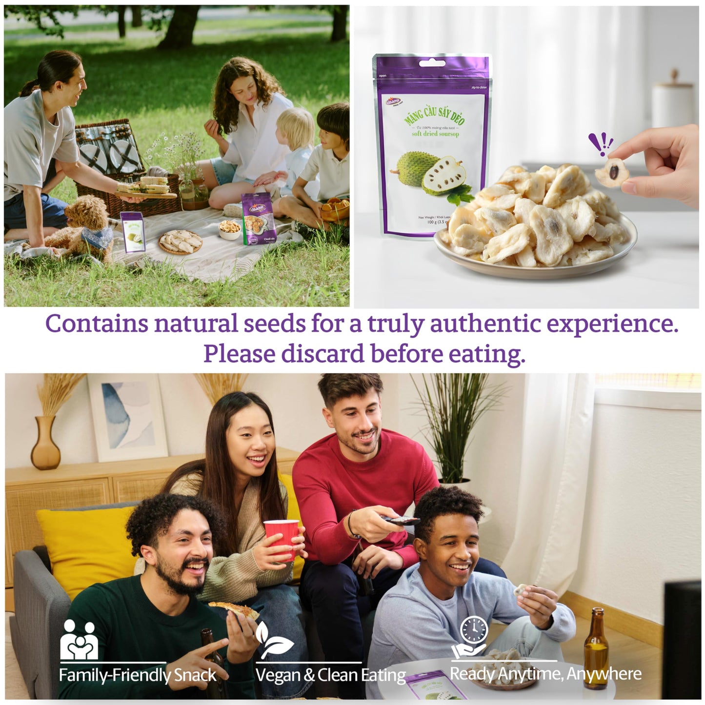 Vinamit Soft Dried Soursop | Soursop Fruit 3.5 oz bag | Natural Tropical Fruit Snack | Vegan, Gluten-Free, Non-GMO | High in Fib