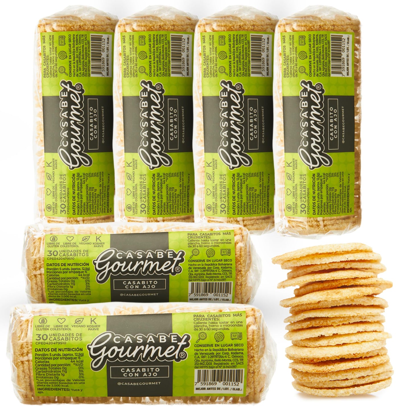 Casabe Gourmet Large Cassava Chips - Garlic Flavor - 6 Pack, Vegan, Gluten Free, Organic Low Carb Cassava Crackers, Made in Vene