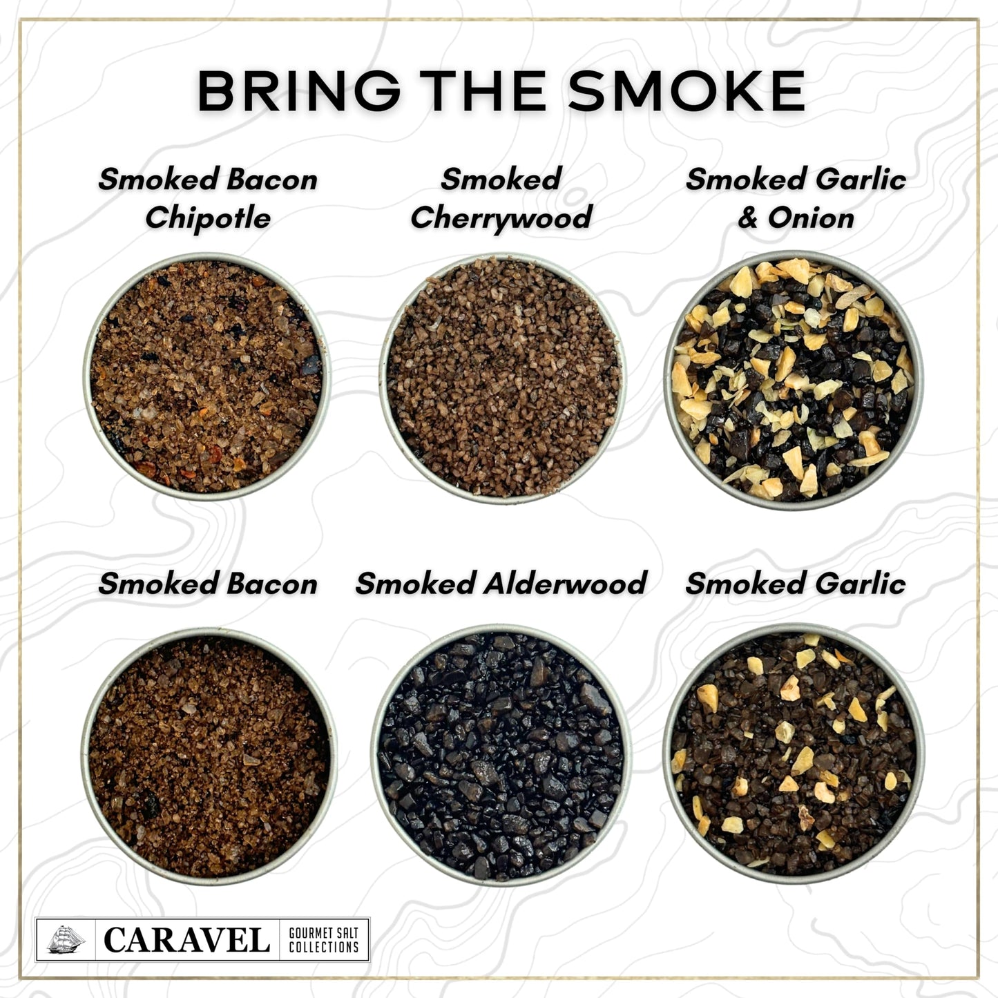 Caravel Gourmet Smoked Sea Salt Sampler Set - Alderwood, Cherrywood, Bacon & Garlic, 0.5 oz x 6 Flavored Salts