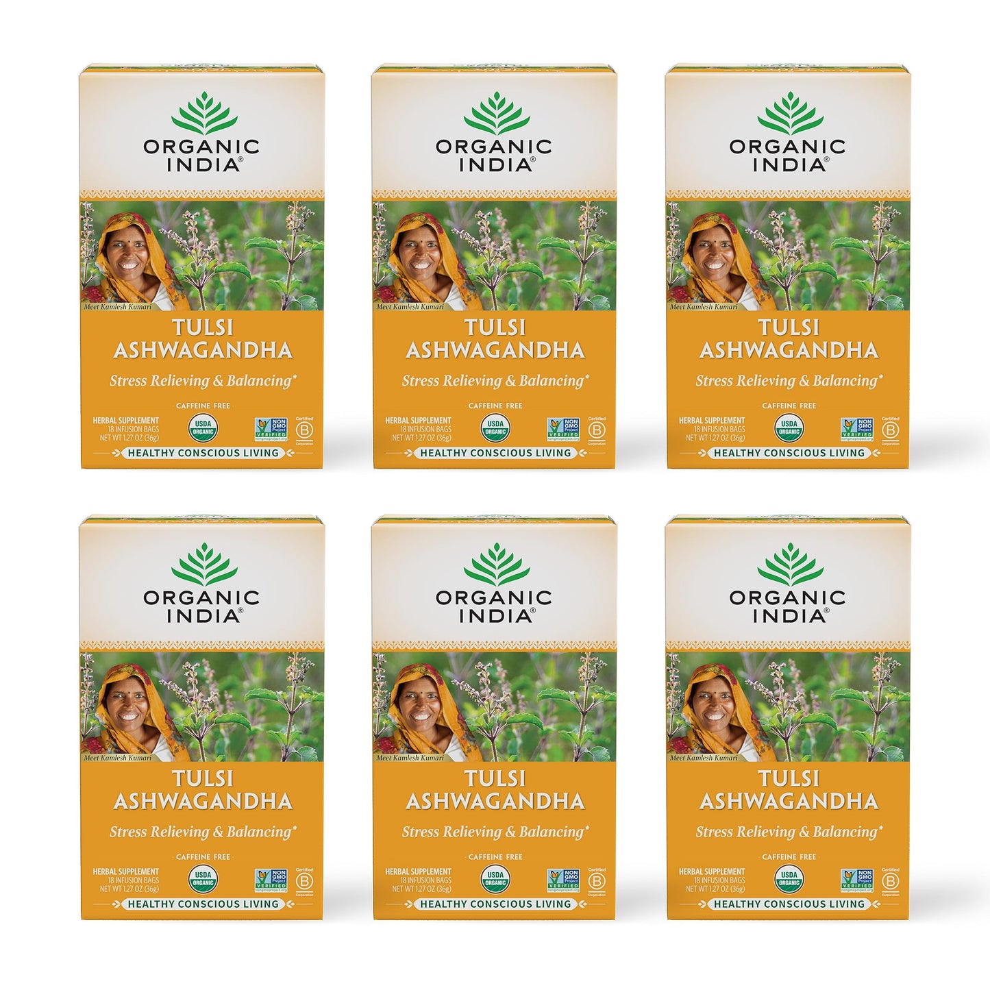 ORGANIC INDIA Tulsi Ashwagandha Herbal Tea - Stress Relieving, Vegan, Gluten-Free - 18 Infusion Bags, Pack of 6