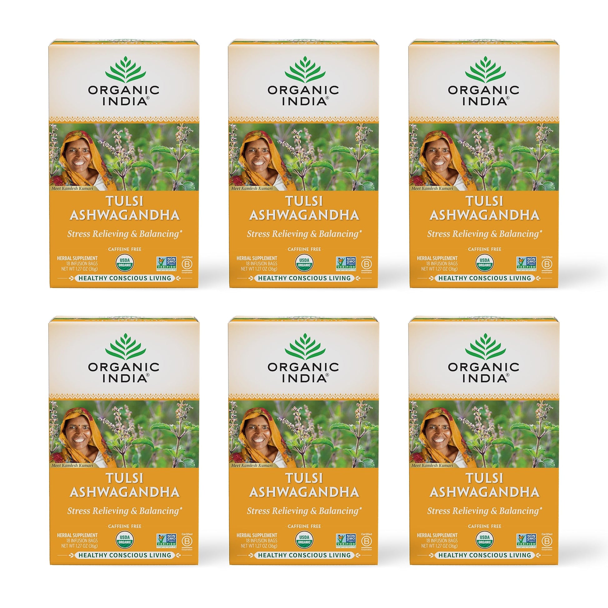 ORGANIC INDIA Tulsi Ashwagandha Herbal Tea - Stress Relieving, Vegan, Gluten-Free - 18 Infusion Bags, Pack of 6