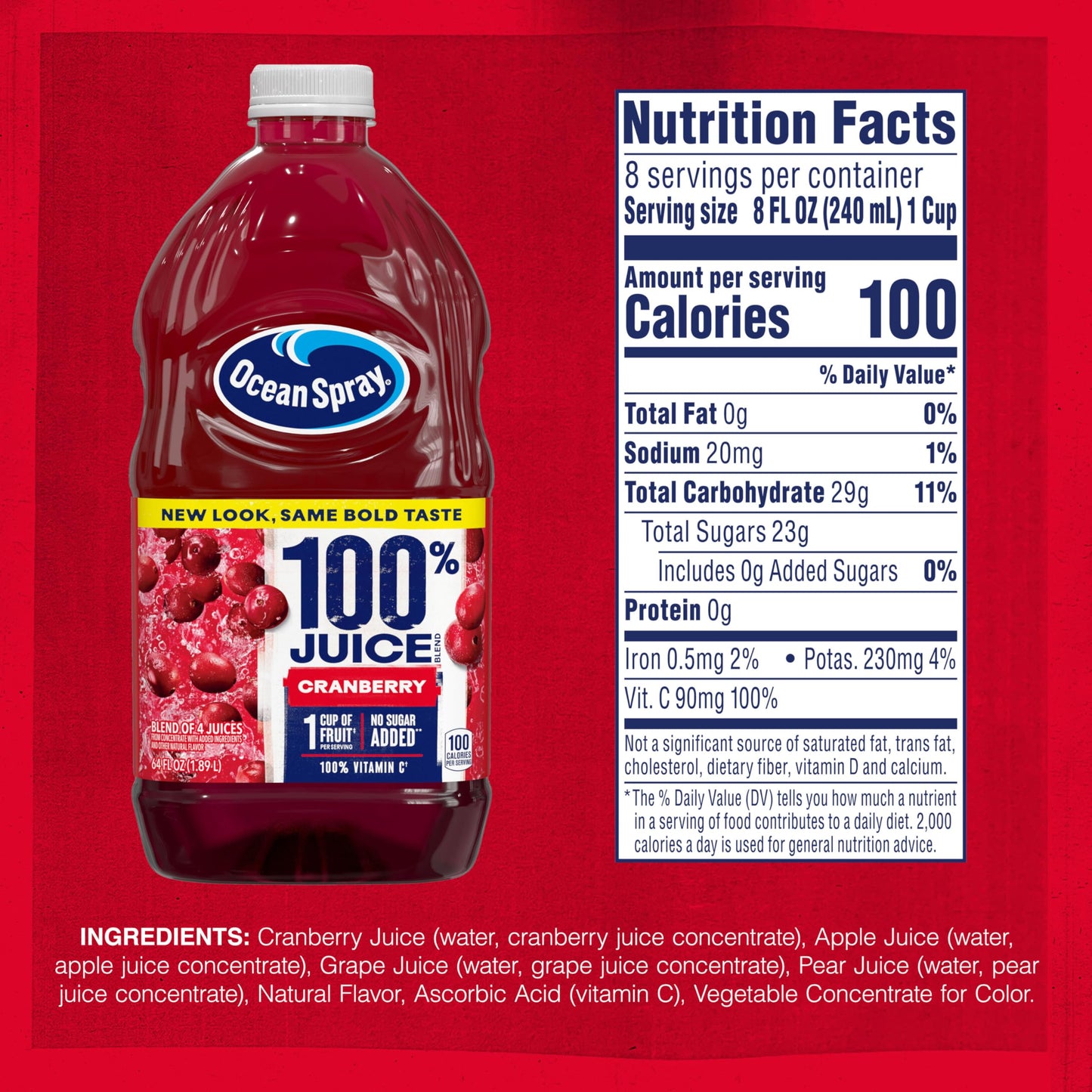 Ocean Spray 100% Juice  Cranberry  64 Fl Oz Bottle (Pack of 8)