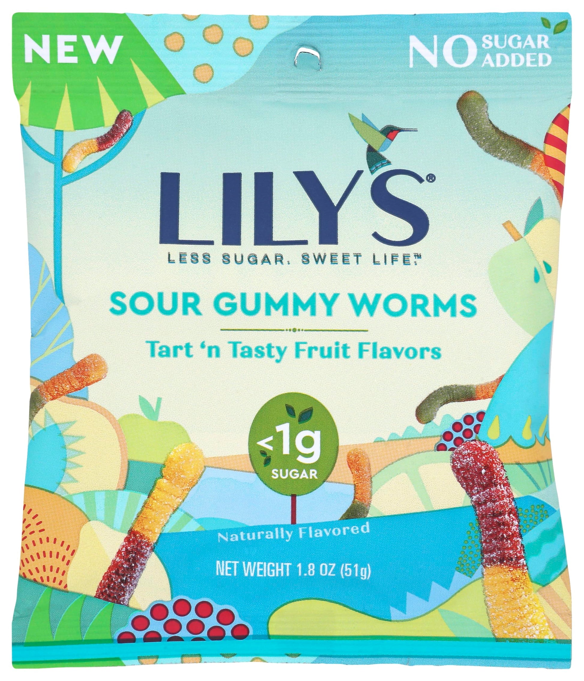 LILYS No Sugar Added Sour Gummy Worms Tart n Tasty Fruit Flavors Peg Bag, 1.8 oz