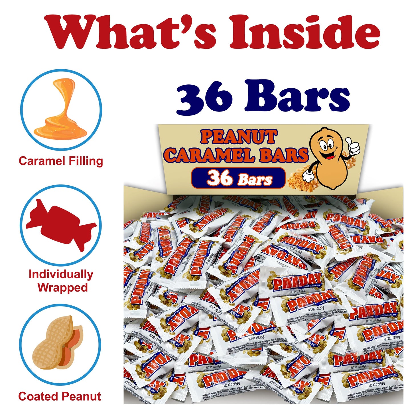 ZompoZ PaydayPeanut Caramel Candy Bars, Bulk 32 Count, Individually Wrapped Snacks, 36 Count Size