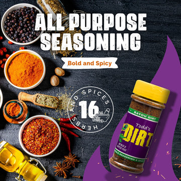 Todds Dirt - Bayou Dirt Small Bottle 3.3Oz, Cajun & Blackening Seasoning, Gourmet Spicy All Purpose Seasoning Thats Great On Eve