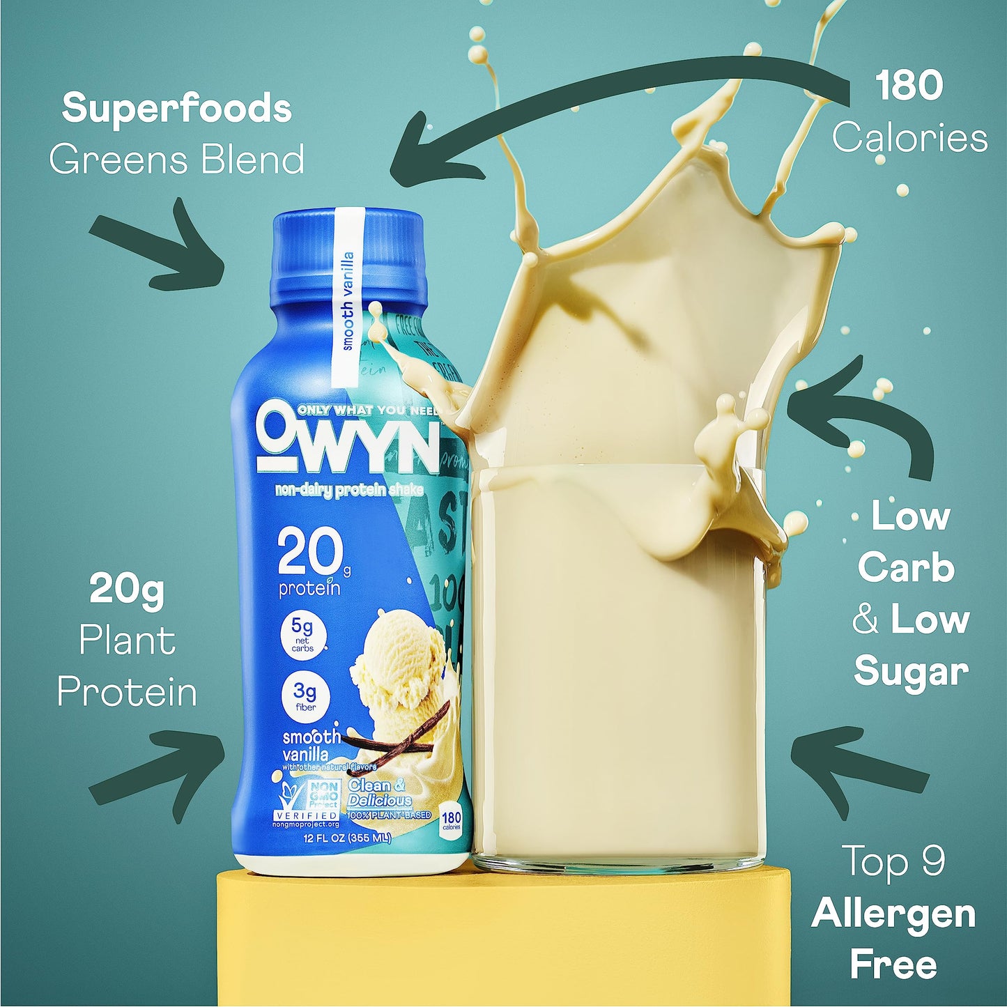 Owyn Only What You Need Plant Based Protein Shake, 20G Vegan Protein From Organic Pumpkin Seed, Flax, Pea Blend, Prebiotic Nutrition Product, Superfood Greens, Gluten & Soy-Free (Vanilla, 24 Pack)
