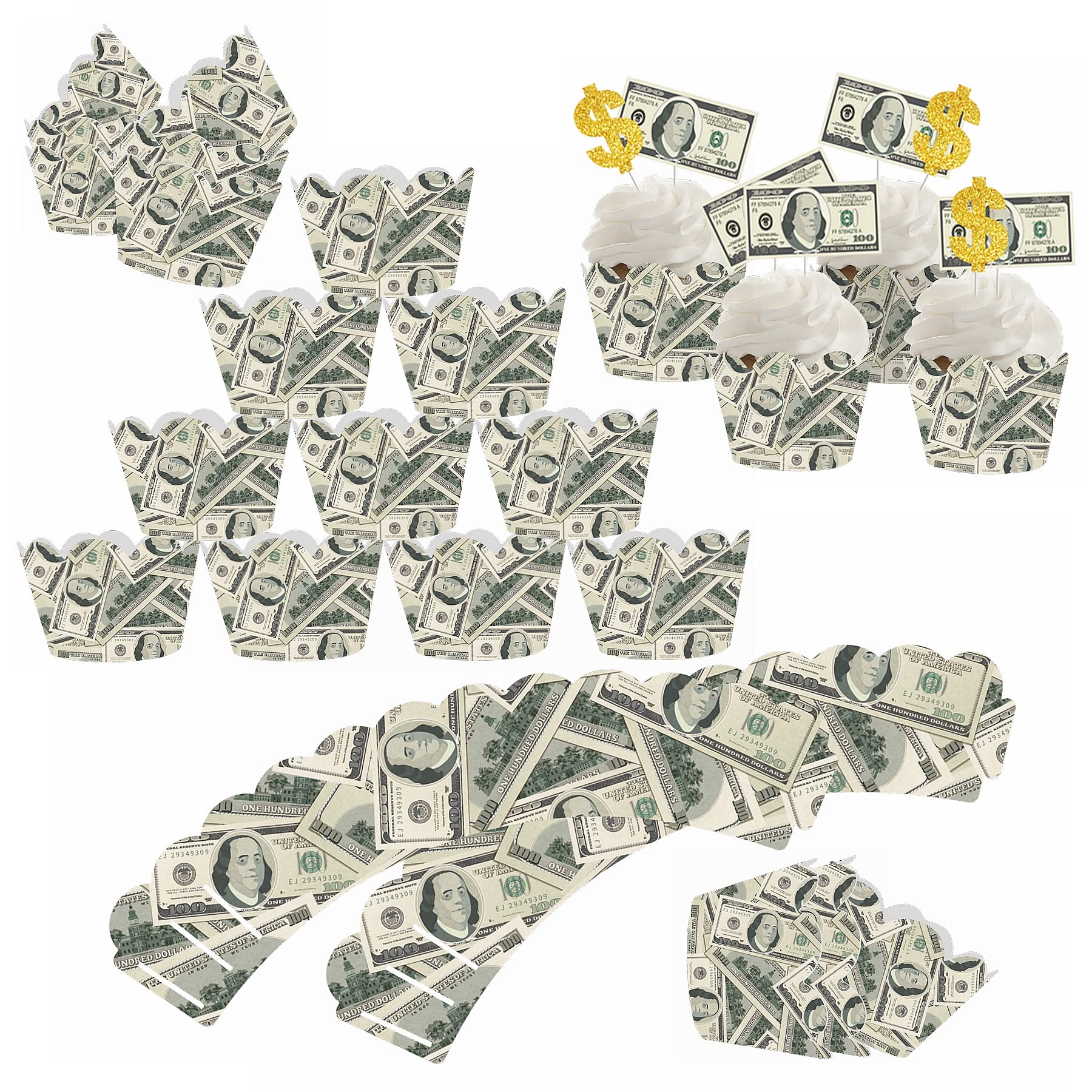 48Pcs 100 Dollar Bill Cupcake Wrappers And Toppers Set Currency Symbol Cupcake Holders With Treat Picks Kit Money Themed Party Decorations Supplies For Birthday Wedding Bachelorette Gaming Place Party