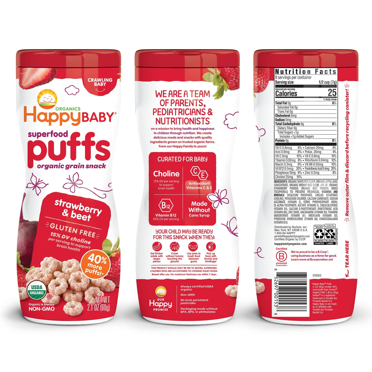 Happy Baby Organic Superfood Puffs Strawberry & Beet, 2.1 Ounce Canister Organic Baby Or Toddler Snacks, Crunchy Fruit & Veggie