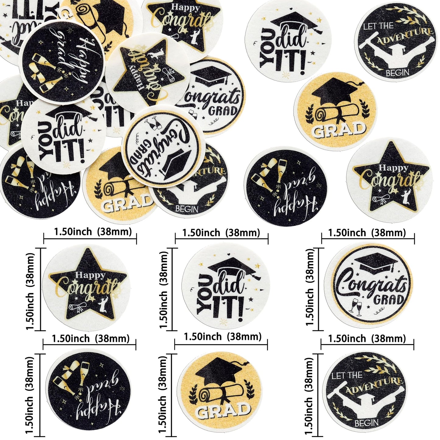 Ephlyn Graduation Cupcake Toppers, 54 Pcs, Wafer Paper, Black, 1.8cm & 4.6cm, Grad Cap & Diploma Decorations for Class of