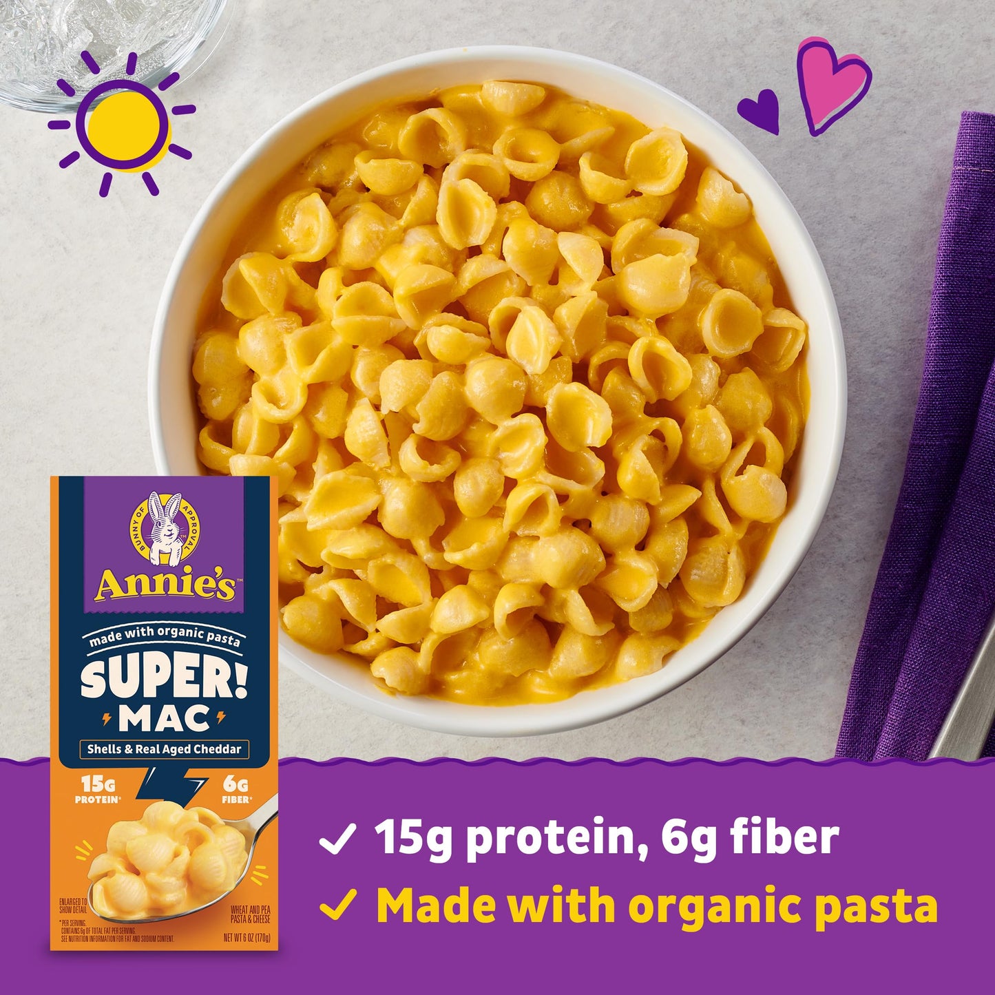 Annie s Super! Mac, Protein Macaroni And Cheese Dinner, Shells & Real Aged Cheddar, 6 oz. (Pack of 12)