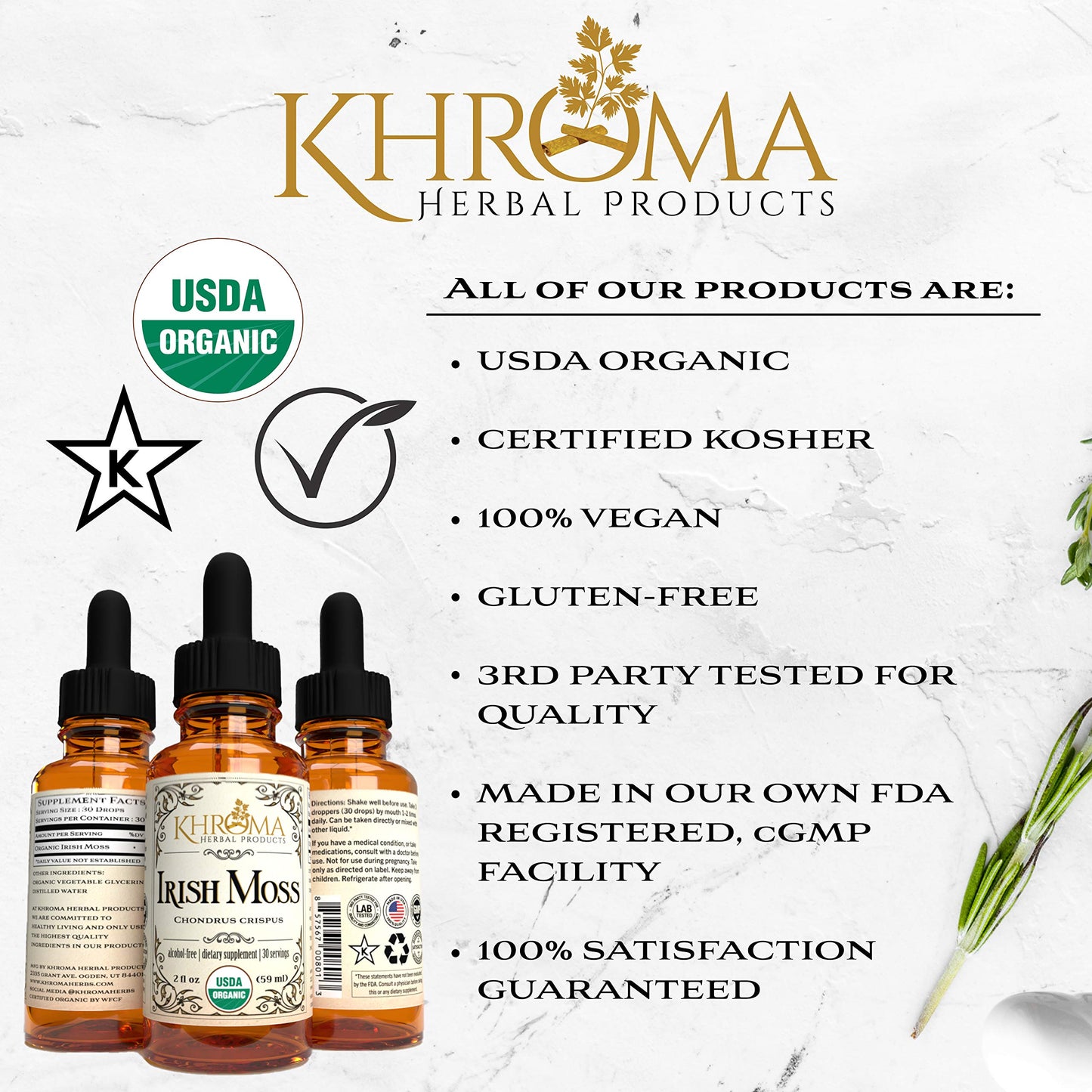 Organic Irish Moss - 2 Oz In Glass Bottle - Khroma Herbal Products - Organic Sea Moss