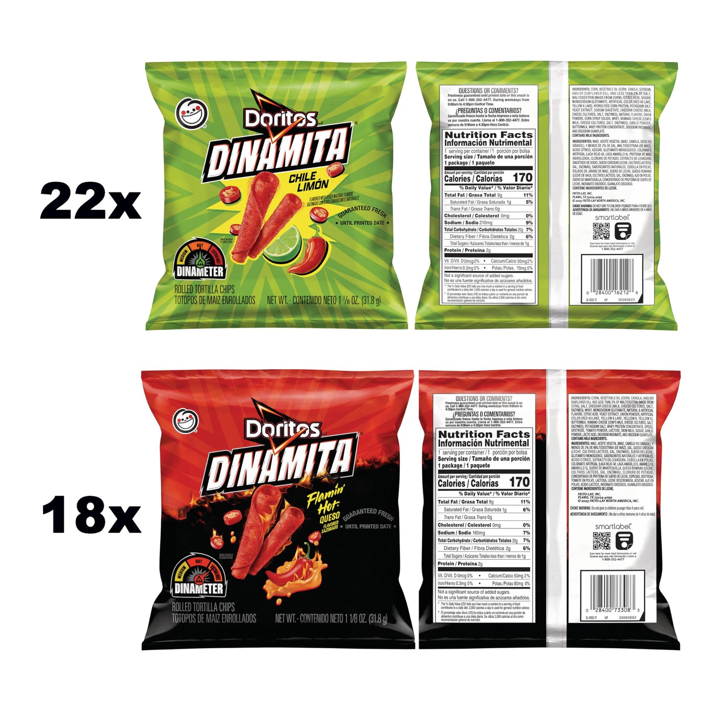 Doritos Dinamita Spicy Rolled Tortilla Chips  Chile Limon and Flamin  Hot Queso Flavored Variety Pack  (Pack of 40)