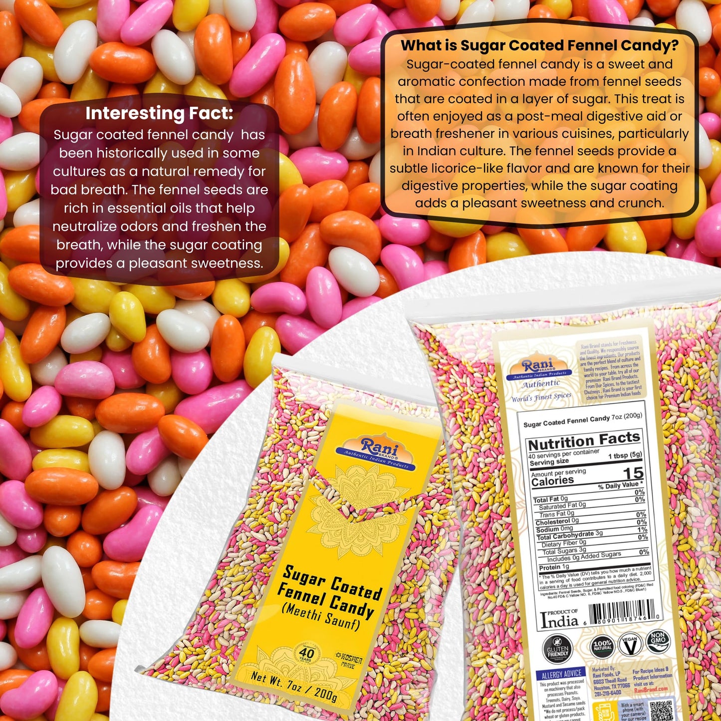 Rani Sugar Coated Fennel Candy 7oz (200g) ~ Indian After Meal Digestive Treat | Vegan | Gluten Friendly | NON-GMO | Kosher | Ind