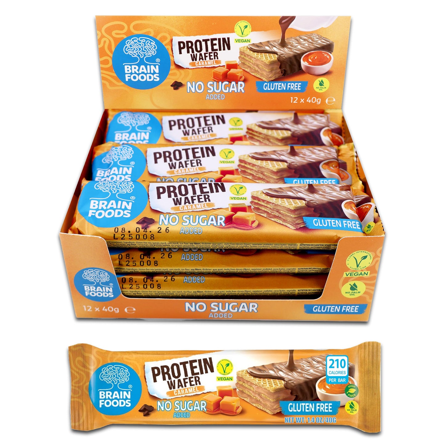 Brain Foods Gluten Free Vegan Caramel Protein Wafers - 12 Bars, 8g Protein, No Sugar Added, 1.4 oz, Natural Caramel Flavor