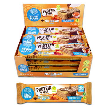 Brain Foods Gluten Free Vegan Caramel Protein Wafers - 12 Bars, 8g Protein, No Sugar Added, 1.4 oz, Natural Caramel Flavor