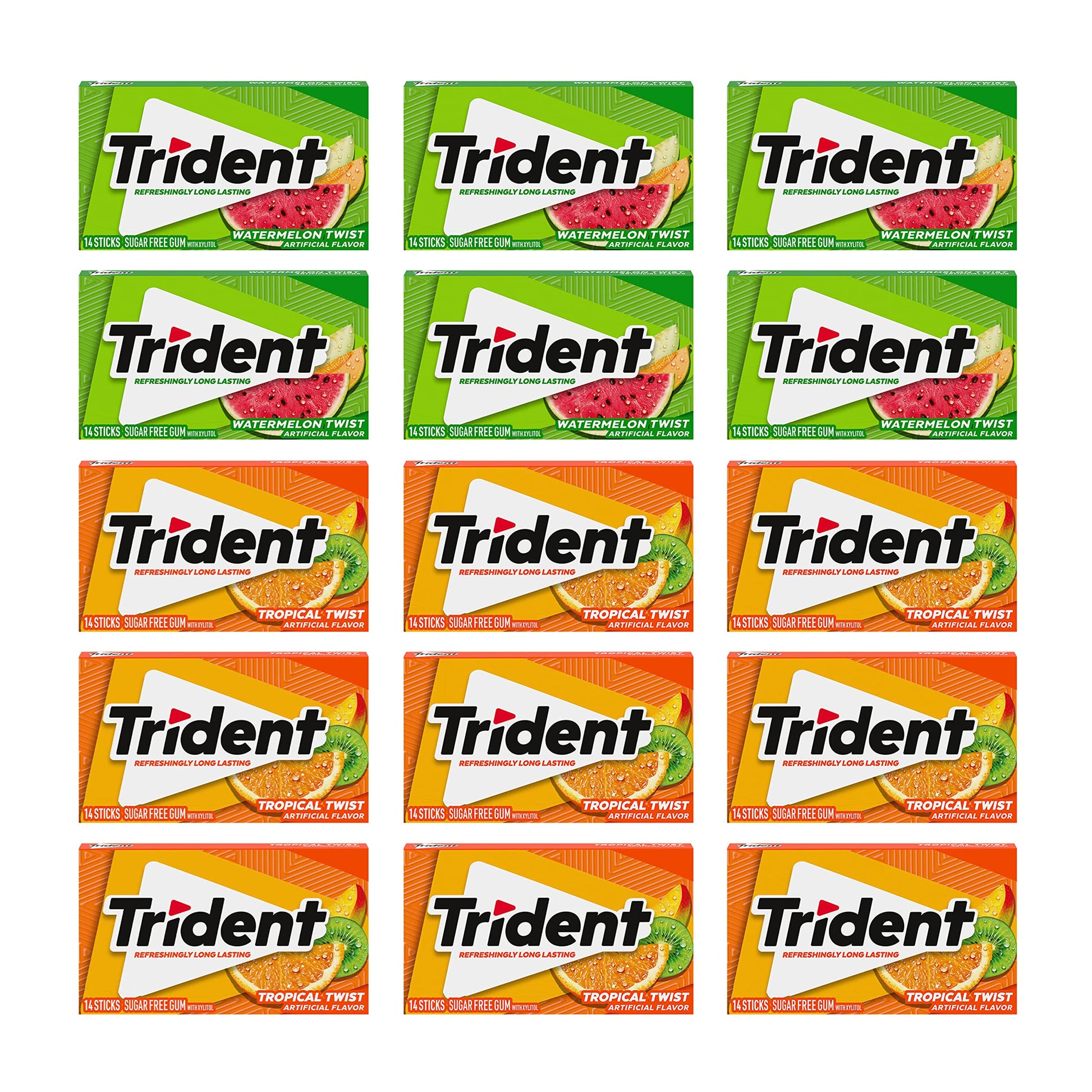 Trident Sugar Free Gum Variety Pack, Watermelon Twist & Tropical Twist Flavors, 15 Packs Of 14 Pieces (210 Total Pieces)