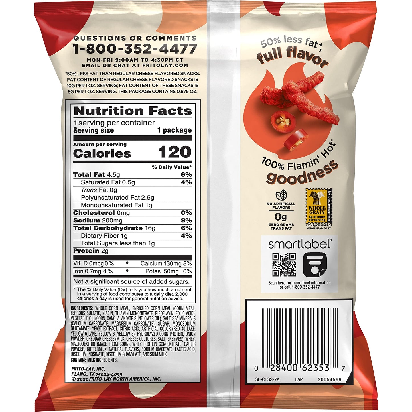 Lay'S Baked Cheetos Oven Baked Crunchy Whole Grain Flamin' Hot Cheese Flavored Snacks, 0.875 Ounce (Pack Of 104)