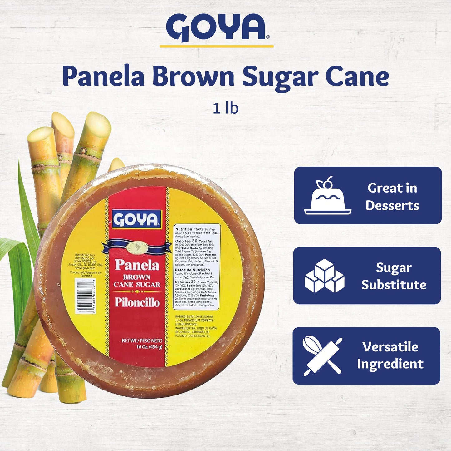 Panela Brown Sugar Cane By Goya, Cane Sugar, Piloncillo Sugar For Authentic Latin Dishes, Unrefined Mexican Sugar For Baking And Cooking, Panela Colombiana, 1Lb. Round Redonda Panela