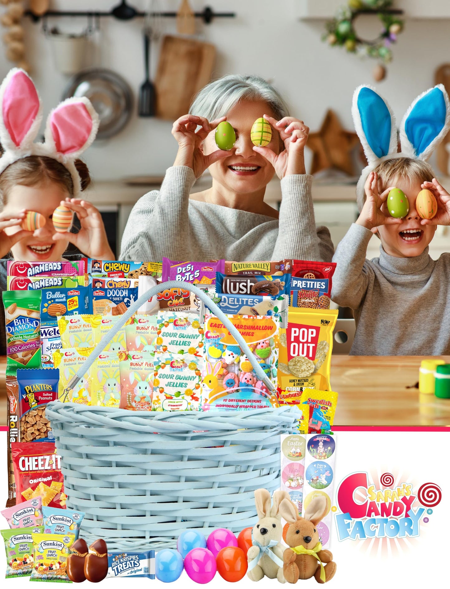 Easter Blue Oval Willow Basket (70 Ct) Filled With Treats, Snacks, Candy, Peelable Gummies, Marshmallow Gummies, Bunny And More,