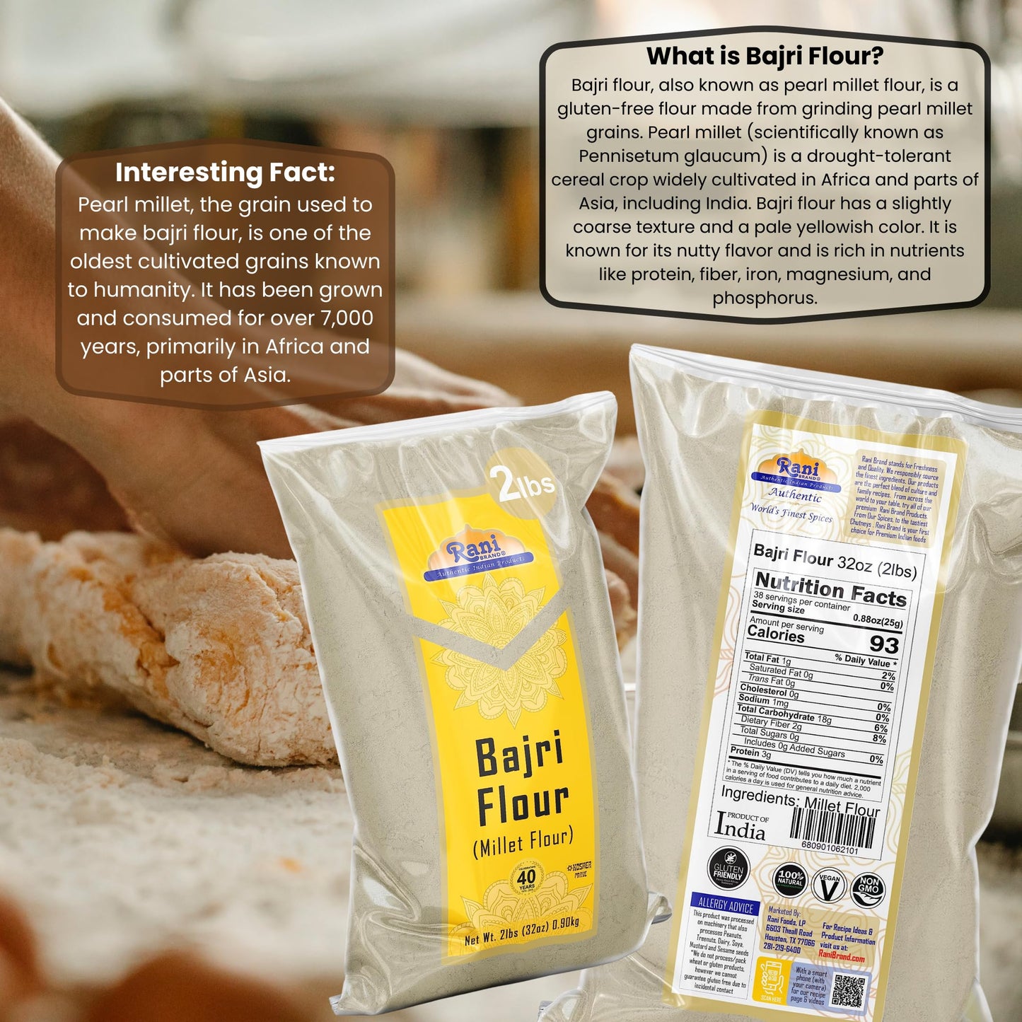 Rani Bajri Flour (Pearl Millet) 32Oz (2Lbs) 908G ~ All Natural | Vegan | Gluten Friendly | Non-Gmo | Kosher | Indian Origin
