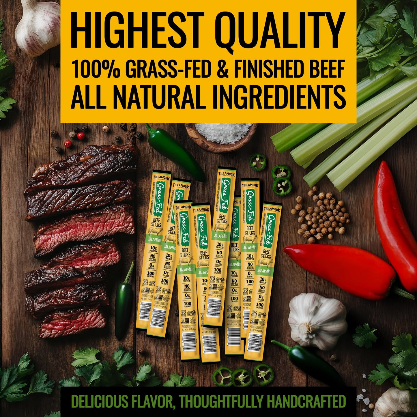 Tillamook Country Smoker 100% Grass Fed Beef Sticks  Zero Sugar  Jalapeno  1.15 Ounce (Pack of 8) Whole 30  Non GMO Clean Meat Snacks  Low Carb  High Protein  Gluten Free  Individually Wrapped