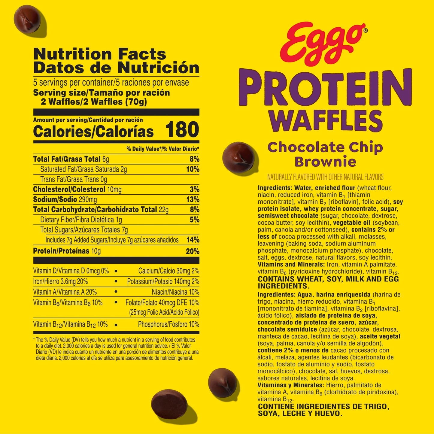 Eggo Protein Frozen Waffles, Frozen Breakfast, Protein Snacks, Chocolate Chip Brownie, 12.3oz Box (10 Waffles)