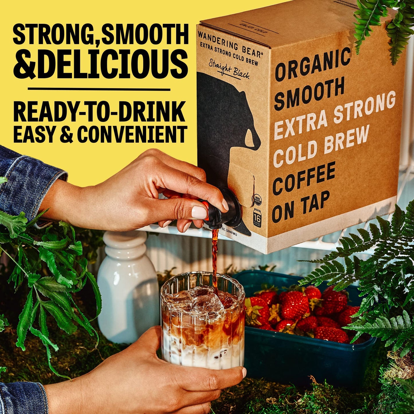 Wandering Bear Straight Black Organic Cold Brew Coffee On Tap, Iced Coffee, 128 Fl Oz (1 Gallon) - Extra Strong, Smooth, Unsweet