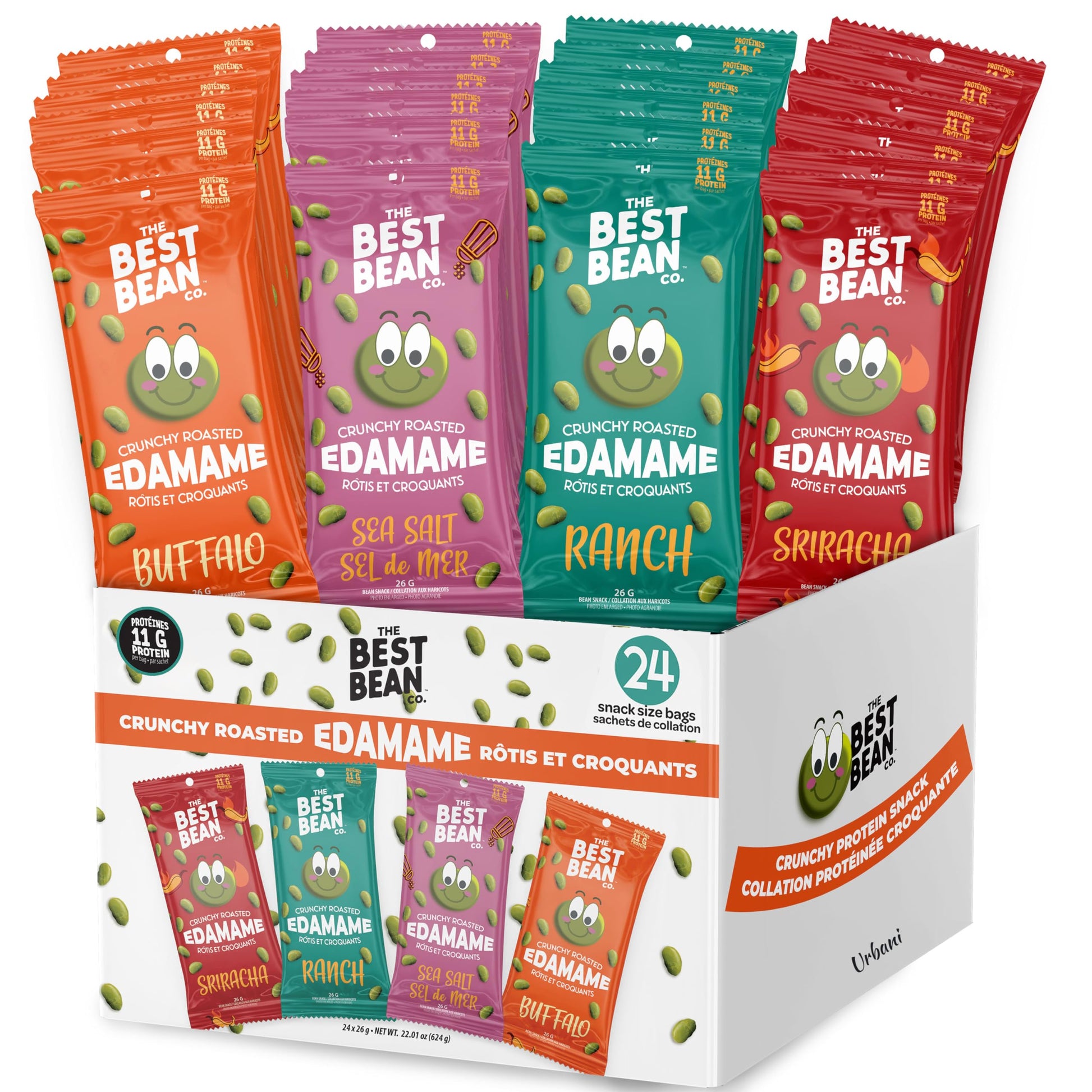 Best Bean Co. Crunchy Roasted Edamame - Variety Pack (24 Bags)  11g Protein per Bag  Healthy Snacks for mature-themeds and Kids  High-Protein Low Carb Keto  Free Snack Packs  0.9oz Each