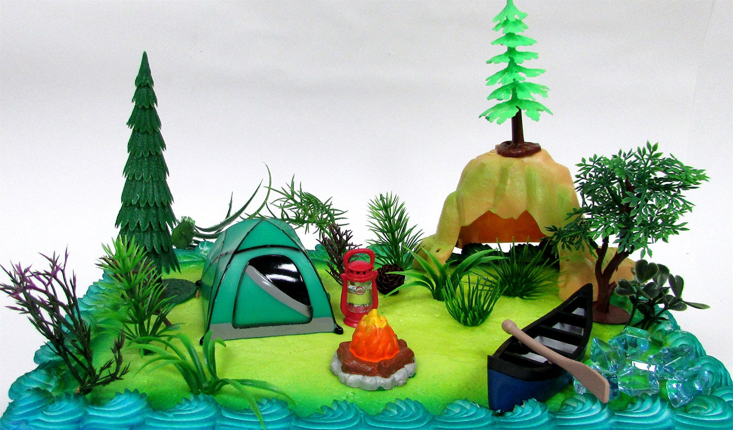 Nature Scene CAMPING 20 Piece Birthday CAKE Topper Set, Featuring Camping Items and Decorative Themed Accessories