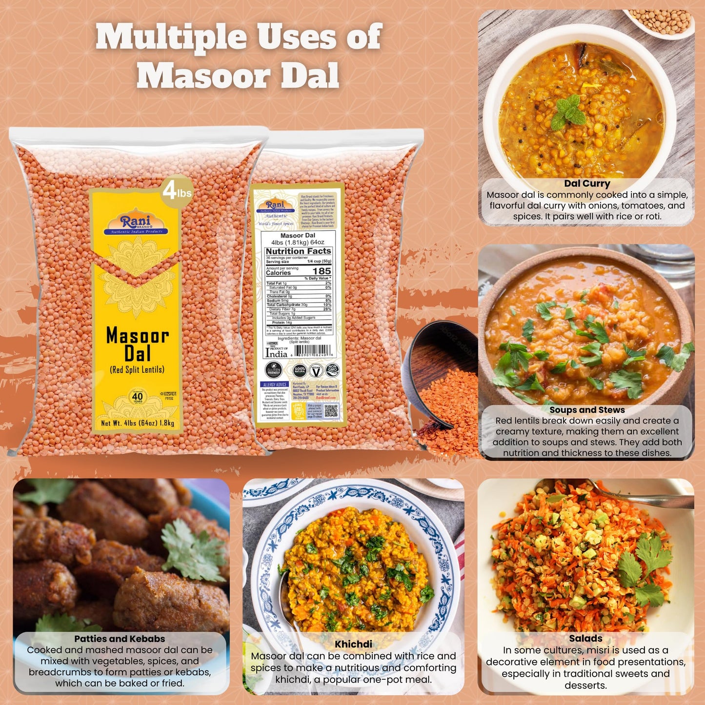 Rani Masoor Dal (Indian Red Lentils) Split Gram, 64oz (4lbs) 1.81kg Bulk ~ All Natural | Gluten Friendly | NON-GMO | Kosher | Ve