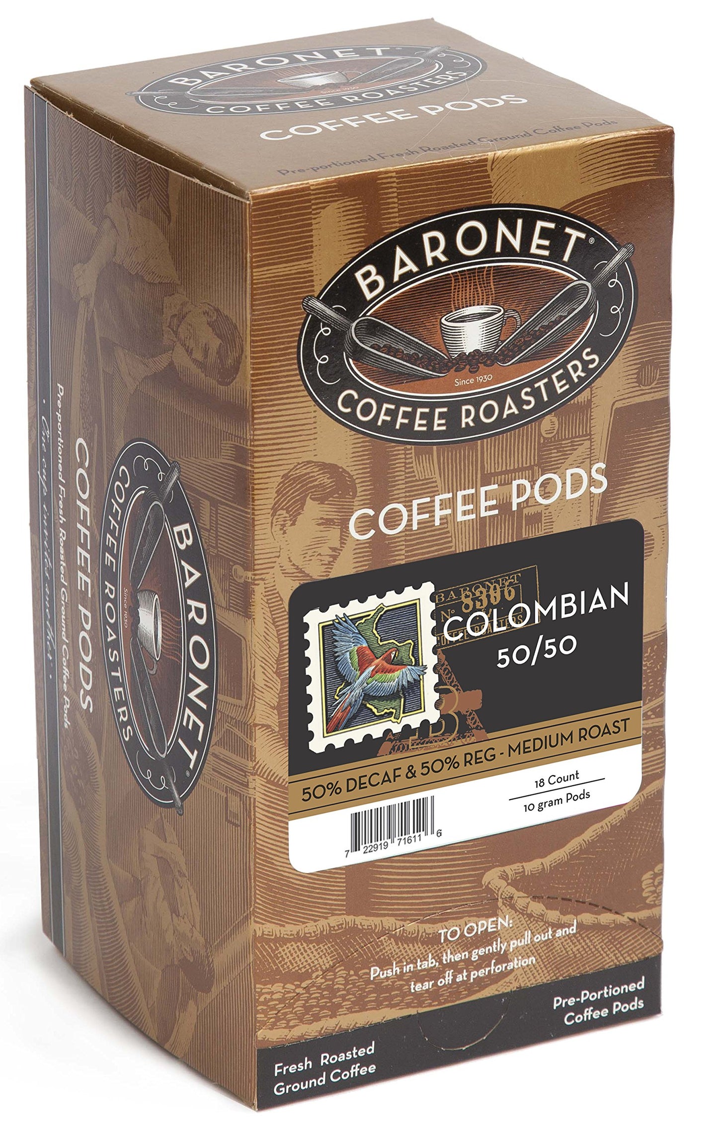 Baronet Coffee Pods, 50/50 Decaf Colombian, 54 Pods, Regular Strength, Medium Roast, Model 722919191616