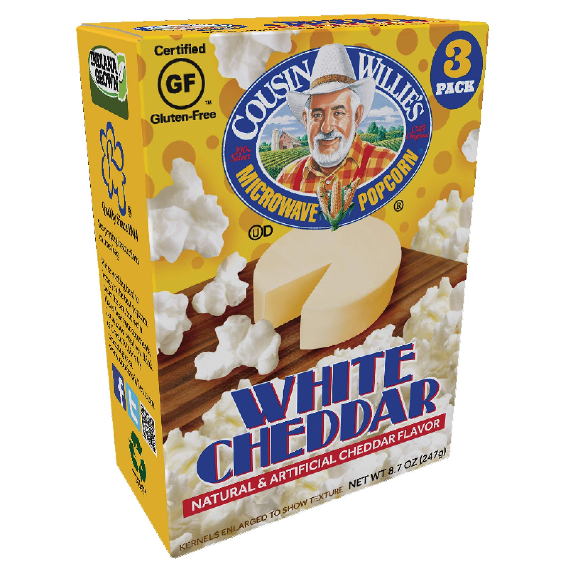 Cousin Willies White Cheddar Popcorn, Cholesterol Free, 8.7oz (3 Pack) - Made in the USA