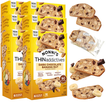 NonniS Thinaddictives Dark Chocolate Banana Nut Crisps 4.4 Oz  Lightly Sweet Almond Snack  6 On-The-Go Packs  90 Calories  6 Pack