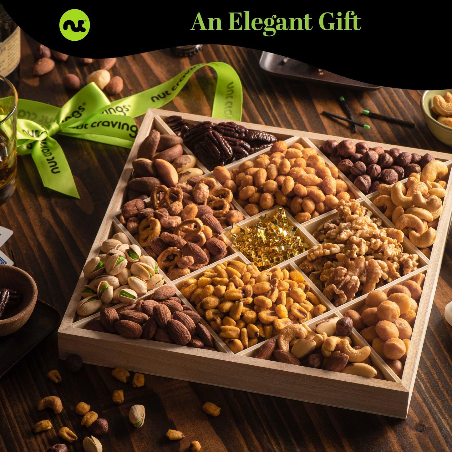 Nut Cravings Gourmet Collection - Diwali & Halloween Treats Mixed Nuts Gift Basket In Reusable Diamond Wooden Tray + Green Ribbo