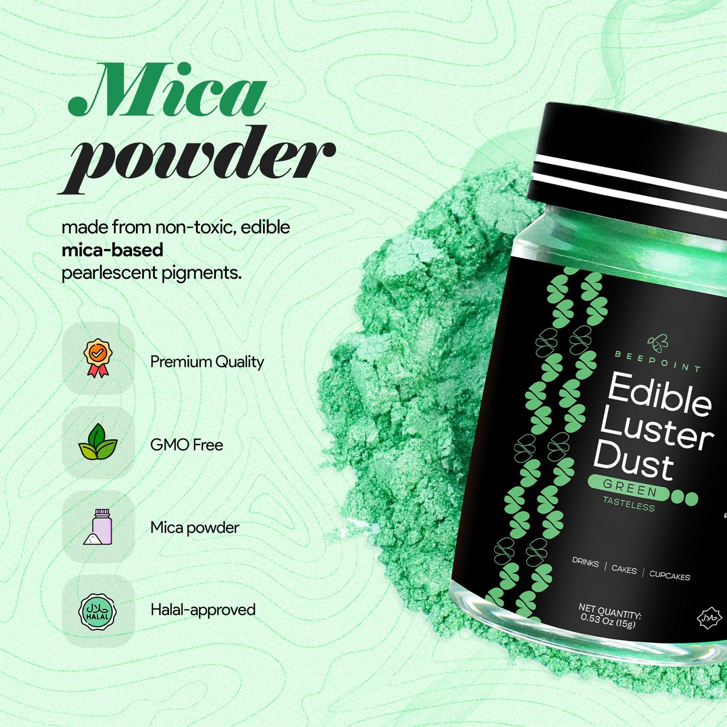 BeePoint Edible Luster Dust - Green Shimmer Powder for Baking, Drinks & Decorating - 15g Vegan & Gluten Free