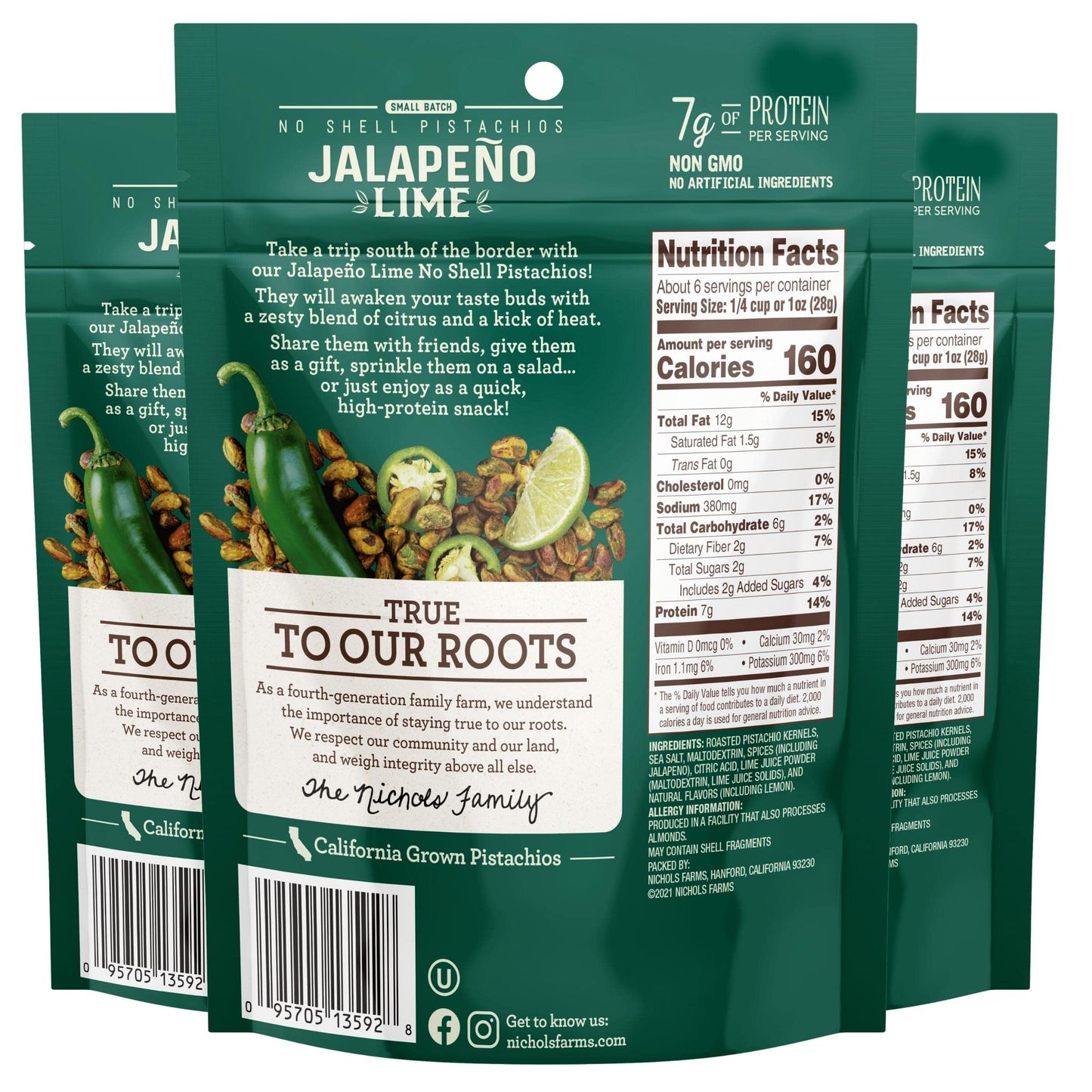 Nichols Farms Pistachios - Roasted No Shell Snack Packs - Jalapeño Lime - 6oz (Pack of 3) - Non-GMO, California Grown