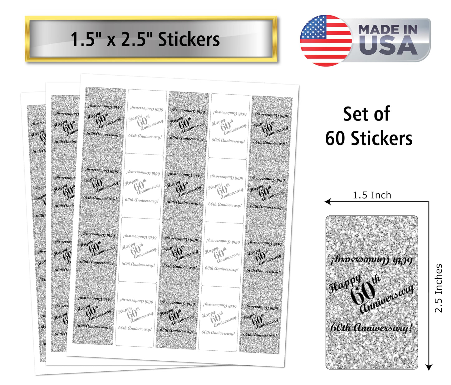 60Th Anniversary Miniatures Candy Bar Wrapper, (Set Of 60) Mini Candy Chocolate Bar Stickers; Silver And White, Candy Not Includ