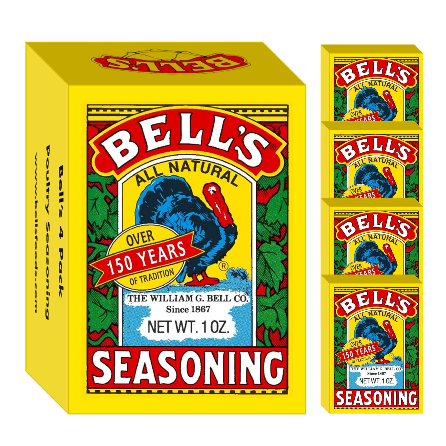 Bells All Natural Seasoning - 1 oz Box - Classic Salt-Free Poultry Blend - Gluten-Free  Kosher  Non-GMO (Pack of 4)